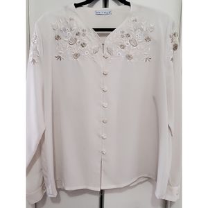 Vintage Ship n Shore Embroidered Cream Long Sleeved Blouse